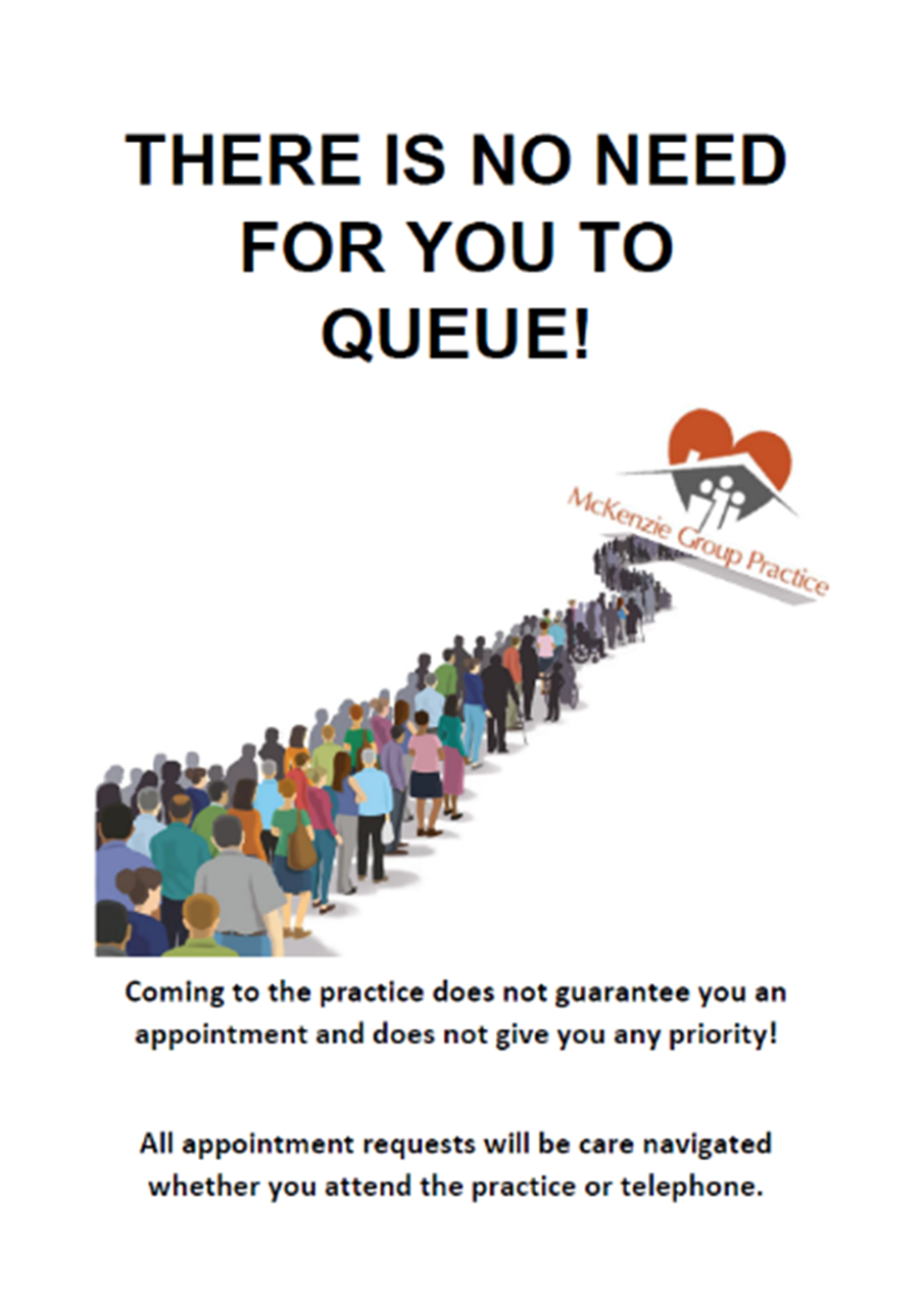 Image shows a queue of people accessing McKenzie Group Practice.  The image advises that coming to the practice does not guarantee and appointment and does not give patients priority.